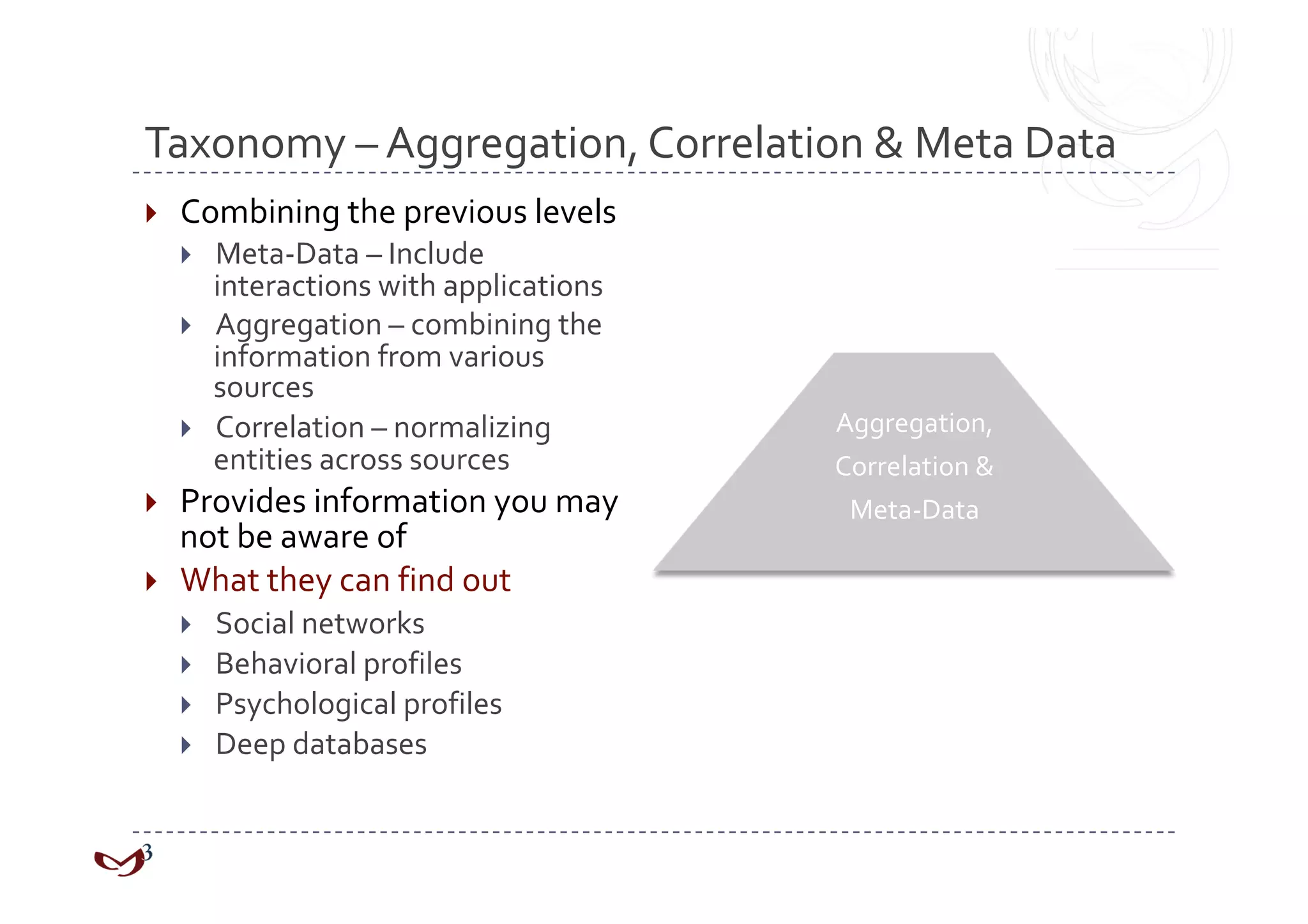 Taxonomy – Aggregation, Correlation & Meta Data 
    Combining the previous levels 
         Meta‐Data – Include 
          interactions with applications 
         Aggregation – combining the 
          information from various 
          sources 
         Correlation – normalizing         Aggregation,  
          entities across sources           Correlation &  
    Provides information you may            Meta‐Data 
     not be aware of 
    What they can find out 
         Social networks 
         Behavioral profiles 
         Psychological profiles 
         Deep databases 
 