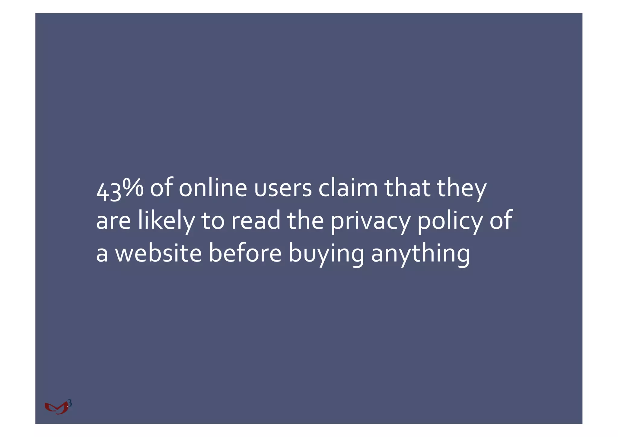 43% of online users claim that they 
are likely to read the privacy policy of 
a website before buying anything 
 