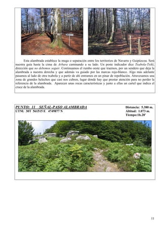 Esta alambrada establece la muga o separación entre los territorios de Navarra y Guipúzcoa. Será
nuestra guía hasta la cima de Arbara caminando a su lado. Un poste indicador dice Txabola-Txiki,
dirección que no debemos seguir. Continuamos el rumbo oeste que traemos, por un sendero que deja la
alambrada a nuestra derecha y que además va guiado por las marcas rojo-blanco. Algo más adelante
pasamos al lado de otra txabola y a partir de ahí entramos en un pinar de repoblación. Atravesamos una
zona de grandes helechos que casi nos cubren, lugar donde hay que prestar atención para no perder la
referencia de la alambrada. Aparecen unas rocas características y junto a ellas un cartel que indica el
cruce de la alambrada.




PUNTO: 11 SEÑAL-PASO ALAMBRADA                                                   Distancia: 5.380 m.
UTM: 30T 561515 E 4749877 N                                                      Altitud: 1.073 m.
                                                                                 Tiempo:1h.28’




                                                                                                    11
 
