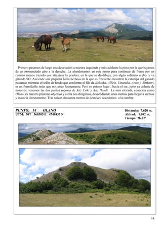 Primero pasamos de largo una desviación a nuestra izquierda y más adelante la pista por la que bajamos
da un pronunciado giro a la derecha. La abandonamos en este punto para continuar de frente por un
camino menos trazado que atraviesa la pradera, en la que se desdibuja, con algún solitario acebo, y va
girando SO. Asciende una pequeña loma herbosa en la que es frecuente encontrar la estampa del ganado
pastando mientras el telón de fondo que conforma el filo de Koloxka, Albeiz, Umandia, Aratz y Aitzkorri,
es un formidable imán que nos atrae fuertemente. Pero en primer lugar , hacia el sur, justo ya delante de
nosotros, tenemos las dos puntas rocosas de Aitz Txiki y Aitz Handi. La más elevada, conocida como
Olano, es nuestro próximo objetivo y a ella nos dirigimos, descendiendo unos metros para llegar a su base
y atacarla directamente. Tras salvar cincuenta metros de desnivel, accedemos a la cumbre.


PUNTO: 14           OLANO                                                         Distancia: 7.620 m.
UTM: 30T 560305 E 4748433 N                                                       Altitud: 1.082 m.
                                                                                  Tiempo: 2h.02’




                                                                                                      14
 