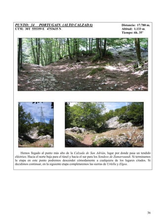 PUNTO: 34         PORTUGAIN (ALTO CALZADA)                                         Distancia: 17.780 m.
UTM: 30T 555359 E 4753635 N                                                        Altitud: 1.133 m.
                                                                                   Tiempo: 6h. 35’




    Hemos llegado al punto más alto de la Calzada de San Adrián, lugar por donde pasa un tendido
eléctrico. Hacia el norte baja para el túnel y hacia el sur para los Sondeos de Zumarraundi. Si terminamos
la etapa en este punto podremos descender cómodamente a cualquiera de los lugares citados. Si
decidimos continuar, en la siguiente etapa completaremos las sierras de Urkilla y Elgea.




                                                                                                       36
 