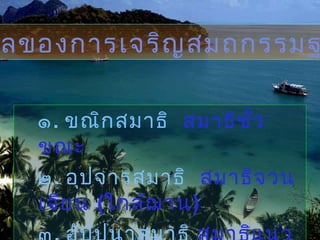 ๑. ขณิกสมาธิ สมาธิชั่ว
ขณะ
๒. อุปจารสมาธิ สมาธิจวน
เจียน (ใกล้ฌาน)
ลของการเจริญสมถกรรมฐ
 