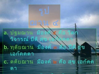 a. ปฐมฌาน มีองค์ ๕ คือ วิตก
วิจารณ์ ปีติ สุข เอกัคคตา
b. ทุติยฌาน มีองค์ ๓ คือ ปีติ สุข
เอกัคคตา
c. ตติยฌาน มีองค์ ๒ คือ สุข เอกัคค
ตา
รูป
ฌาน ๔
 