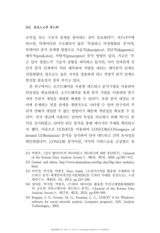 362 41東亞人文學 第 輯
규칙성 또는 구조적 관계를 찾아내는 것이 중요하다, 51) 가트너. 52)에
따르면 빅데이터란 구조화되지 않은 복잡하고 비정형화된 것 이며, ‘ ’ ,
빅데이터 분석 단계별 방법으로 기술적 진단적(descriptive), (diagnostic),
예측적 처방적 분석 방법이 있다 지금은 무(predictive), (prescriptive) . ‘
슨 일이 생겼는지 기술적 상황을 파악하고 있지만 이미 인과관계 진’ ,
단적 분석 단계에서 미리 예측하여 처방을 내리는 예측분석 단계로
진입하였다 앞으로는 높은 가치를 창출하게 되는 처방적 분석 단계로.
발전할 필요성이 점차 커지고 있다.
본 연구에서는 소프트웨어를 이용한 네트워크 분석기법을 사용하여
타당성을 확보하였다 소프트웨어를 통한 분석 기법을 이용하면 연구.
자의 주관적 개입을 최대한 배제할 수 있다53) 또한 분석 대상들 사.
이에 존재하는 연결 관계를 계량적으로 나타낼 수 있어 연구자의 주
관적 견해가 개입할 수 없는 방법이기 때문에 객관성을 확보할 수 있
다54) 먼. 저 댓글에 사용되는 단어의 특성을 비교하기 위해 텍스트 분
석을 실시하였고 단어의 빈도 분석을 통해 메시지의 주제를 확인하고,
자 했다 다음으로 을 이용하여. UCINET CONCOR(CONvergence of
iterated 분석을 실시하여 단어 네트워크 간의 유사성을CORrelations)
확인하였다55) 분석이란 각각의 키워드들을 군집별로 묶. CONCOR ,
51) 박한우, 정치 웹사이트의 하이퍼링크 네트워크에 대한 종단연구< >, Journal≪
제 권 제 호of the Korean Data Analysis Society , 6 , 3 , 2004, pp.901-915.≫
52) Gartner and others, http://www.datamation.com/big-data/big-data-analytics.
html
53) 이미경 박지원 박한우 소셜미디어를 활용한 국제회의 네, , , Marc Smith, <
트워크 분석 세계인터넷전문가총회 트위터 사례를 중심으로 관- (IR15) >, ≪
광연구 제 권 호, 30 , 3 , 2015, pp.223-246.≫
54) 장아름 박지영 박한우 트위터 데이터를 활용한 부산국제영화제, , , < (BIFF)
의 글로벌 커뮤니케이션 네트워크 분석>, Journal of the Korean Data≪
제 권 제 호Analysis Society , 17 , 2 , 2015, pp.939-949.≫
55) Borgatti, S. P., Everett, M. G., Freeman, L. C., UNICET 6 for Windows:
software for social network analysis <computer program>, MA: Analytic
Technologies., 2002.
영남대학교 | IP: 165.***.133.121 | Accessed 2018/01/12 14:49(KST)
 