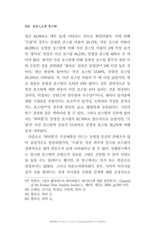 364 41東亞人文學 第 輯
댓글 로 매우 높게 나타나는 것으로 확인되었다 이에 반해82.94% .
프립 의 경우는 동영상 포스팅 비율이 사진 포스팅 비율이‘ ’ 20.15%,
로 동영상 포스팅에 비해 사진 포스팅 비율이 배 이상 높지48.29% 2
만 좋아요 반응은 사진 포스팅 동영상 포스팅 로 큰 차‘ ’ 46.23%, 40%
이가 없다 하지만 사진 포스팅에 비해 동영상 포스팅 횟수가 절반 이.
하 수준인 점을 감안하면 좋아요 반응은 동영상이 배 이상 높은 것‘ ’ 2
이다 댓글 반응에 있어서는 사진 포스팅 동영상 포스팅. 33.69%,
로 나타났다 즉 사진 포스팅 비율이 두 배 이상 높았지만 댓59.35% . , ,
글 반응은 동영상 포스팅이 오히려 많다는 것은 결과적으로 동43%
영상 포스팅에 대한 반응이 사진 포스팅 보다 높다는 것을 반증하는
것이다 이결과는 콘텐츠의 풍부함과 우수성. 57)이나 재미나 즐거움에,
대한 기대감을 유발시키는 요소58)가 있거나 소비자의 각성을 증가시,
키는 포스팅59)의 경우에 반응이 높고 활발하게 공유된다는 기존의,
연구 결과와 같은 맥락이라 볼 수 있다 그러나 포스팅의 공유에 있어.
서는 하비풀 은 동영상 포스팅이 로 압도적으로 높았지만 프‘ ’ 82.76% , ‘
립 은 사진 포스팅의 공유가 로 동영상 포스팅 에 비해’ 53.41% 36.2%
높게 나타났다.
다음으로 하비풀 은 수공예품을 만드는 동영상 중심의 콘텐츠가 많‘ ’
아 감성적으로 반응하였지만 프립 은 사진 위주의 링크된 포스팅이, ‘ ’
상대적으로 많아 반응도가 낮게 나타났다고 볼 수 있다 선행연구에서.
는 링크된 포스팅의 콘텐츠가 정보를 그대로 전달할 수 있어 신뢰도
를 높일 수는 있다60)고 했지만 본 연구에서는 인식 또는 반응으로,
연결되지는 않았다 그러나 아웃도어취미레저 경우 시각적 이미지를. ,
즐겨 사용 한다61)는 것과 적시성과 간편한 검색에 대한 긍정적으로
57) 박한우, 정치 웹사이트의 하이퍼링크 네트워크에 대한 종단연구< >, Journal≪
제 권 제 호of the Korean Data Analysis Society , 6 , 3 , 2004, pp.901-915.≫
58) 오태연 권기성 박경이 서원재 위의 글, , , , .
59) 황유선 위의 글, .
60) 황유선 위의 글, .
영남대학교 | IP: 165.***.133.121 | Accessed 2018/01/12 14:49(KST)
 