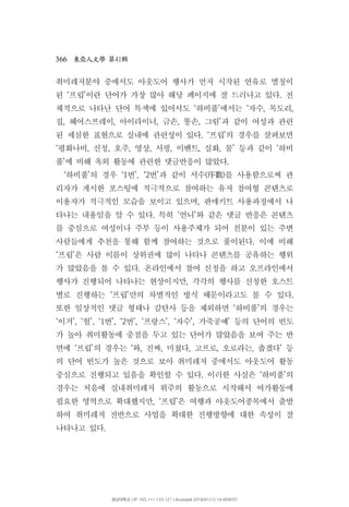 366 41東亞人文學 第 輯
취미레저분야 중에서도 아웃도어 행사가 먼저 시작된 연유로 별칭이
된 프립 이란 단어가 가장 많아 해당 페이지에 잘 드러나고 있다 전‘ ’ .
체적으로 나타난 단어 특색에 있어서도 하비풀 에서는 자수 목도리‘ ’ ‘ , ,
집 헤어스프레이 아이라이너 금손 똥손 그림 과 같이 여성과 관련, , , , , ’
된 세심한 표현으로 실내에 관련성이 있다 프립 의 경우를 살펴보면. ‘ ’
평화나비 신청 호주 영상 서핑 이벤트 실화 물 등과 같이 하비‘ , , , , , , , ’ ‘
풀 에 비해 옥외 활동에 관련한 댓글반응이 많았다’ .
하비풀 의 경우 번 번 과 같이 서수 를 사용함으로써 관‘ ’ ‘1 ’, ‘2 ’ ( )序數
리자가 게시한 포스팅에 적극적으로 참여하는 유저 참여형 콘텐츠로
이용자가 적극적인 모습을 보이고 있으며 판매키트 사용과정에서 나,
타나는 내용임을 알 수 있다 특히 언니 와 같은 댓글 반응은 콘텐츠. ‘ ’
를 중심으로 여성이나 주부 등이 사용주체가 되어 친분이 있는 주변
사람들에게 추천을 통해 함께 참여하는 것으로 풀이된다 이에 비해.
프립 은 사람 이름이 상위권에 많이 나타나 콘텐츠를 공유하는 행위‘ ’
가 많았음을 볼 수 있다 온라인에서 참여 신청을 하고 오프라인에서.
행사가 진행되어 나타나는 현상이지만 각각의 행사를 신청한 호스트,
별로 진행하는 프립 만의 차별적인 방식 때문이라고도 볼 수 있다‘ ’ .
또한 일상적인 댓글 형태나 감탄사 등을 제외하면 하비풀 의 경우는‘ ’
이거 헐 번 번 프랑스 자수 가죽공예 등의 단어의 빈도‘ ’, ‘ ’, ‘1 ’, ‘2 ’, ‘ ’, ‘ ’, ’
가 높아 취미활동에 중점을 두고 있는 단어가 많았음을 보여 주는 반
면에 프립 의 경우는 와 진짜 미쳤다 고프로 오로라는 춥겠다 등‘ ’ ‘ , , , , , ’
의 단어 빈도가 높은 것으로 보아 취미레저 중에서도 아웃도어 활동
중심으로 진행되고 있음을 확인할 수 있다 이러한 사실은 하비풀 의. ‘ ’
경우는 처음에 실내취미레저 위주의 활동으로 시작해서 여가활동에
필요한 영역으로 확대했지만 프립 은 여행과 아웃도어종목에서 출발, ‘ ’
하여 취미레저 전반으로 사업을 확대한 진행방향에 대한 속성이 잘
나타나고 있다.
영남대학교 | IP: 165.***.133.121 | Accessed 2018/01/12 14:49(KST)
 