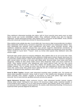 383
Şekil 4.11
Dikey stabilizenin istikametsel kararlılığa olan katkısı, belli bir hücum açısında (yana sapma açısı) ne kadar
taşıma kuvveti (yan kuvvet) üretebildiğine bağlıdır. Dikey stabilizenin etkinliği yüzey alanı ile doğrudan
bağlantılıdır. Gerekli istikametsel kararlılık, dikey stabilize alanının arttırılması ile elde edilebilir. Ancak, arttırılan
yüzey alanı parazit geri sürüklenmeyi arttırarak bir dezavantaj yaratacaktır.
Dikey stabilize içinde çalıştığı akış alanı, kuvvet etkileri gibi, hava aracının diğer komponentlerinden de etkilenir.
Dikey stabilizedeki dinamik basınç, pervanenin rüzgarından veya gövdenin sınır tabakasından etkilenir. Keza,
dikey stabilizedeki akış istikameti, kanat anaforlarından (wing wake), gövde üzerindeki akımdan, yatay
stabilizenin indüklenmiş akışından (induced flow) veya pervane rüzgarının istikametinden (müzdevice) de
etkilenir. Bu faktörlerin her birinin, dikey stabilizenin istikametsel kararlılığına etki edeceği göz önüne alınmalıdır.
Yüksek monteli bir kuyruk takımı “T-kuyruk”, kanat ucu levhası etkisi yaparak dikey stabilizenin daha etkili
olmasını sağlar.
Kararsızlık etkisi yaratan gövde ile mukayese edildiğinde, dikey stabilize daha az bir yan kuvvet üretir. Fakat,
etki noktası CG den çok uzakta olduğundan dikey stabilizenin ürettiği sapma momenti nispeten daha büyük olur
ve gövde-dikey stabilize birleşimi, toplam olarak bakıldığında, kararlı durumdadır. Dikey stabilizenin dengeleyici
etkisi, prensip olarak, üst yüzey ve alt yüzey sabit olduğu gibidir. Bununla birlikte, boyut olarak daha büyük
olduğundan, özellikle de daha yüksek açıklık oranına sahip olduğundan düşük yana kayma açılarında da
etkilidir. Dikey stabilize kendisini stola yaklaştıracak yana kayma açılarına kadar olan tüm yana kayma
açılarında etkili olmaya devam eder. Ancak dikey stabilize stol olduktan sonra, dikey stabilize dengeleyici
özelliğini kaybeder. Tam bu noktada üst yüzey veya alt yüzey sabit stabilizelerinin (dorsal veya ventral fin)
önemi artar. Çünkü bunlar daha yüksek hücum açılarında stol olur ve büyük yana kayma açılarında, dikey
stabilize stol olduğunda dikey stabilizenin rolünü üstlenir.
Kanat Ve Motor Yatakları: Kanadın statik istikametsel kararlılığa katkısı genellikle azdır. Düz kanadın tek
başına katkısı genellikle önemsizdir. Geriye meyilli ok kanat CL deki artışlarla artan dengeleyici etki gösterir.
Kanat üzerindeki motor yatakları, büyüklük ve konumlarına ve kanat profil şekline bağlı olarak katkıda
bulunurlar. Düz bir kanat üzerinde, genellikle kararsızlık yönünde etki yaparlar.
Ağırlık Merkezinin Konumu: Ağırlık merkezinin konumu, statik istikametsel kararlılık üzerinde nispeten
önemsiz etkiye sahiptir. Herhangi bir hava aracının CG konumunun olağan aralığı, boylamsal kararlılık ve
kontrol limitlerine göre belirlenir. CG nin bu aralık içerisinde hareketi, dikey stabilize, gövde, motor yatakları v.s.
nin katkısında önemli bir değişiklik meydana getirmez. Bu nedenle, statik istikametsel kararlılığı, CG konumunun
boylamsal limitler içerisinde değişmesi ile etkilenmez.
 