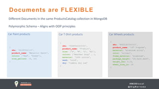 # M D B l o c a l
@ S i g N a r v a e z
{
sku: ‘PAINTZXC123’,
product_name: ‘Metallic Paint’,
colors: [‘Red’, ‘Green’],
size_gallons: [5, 10]
}
{
sku: ‘TSHRTASD43546’,
product_name: ‘T-shirt’,
size: [‘S’, ‘M’, ‘L’, ‘XL’],
colors: [‘Heather Gray’ … ],
material: ‘100% cotton’,
wash: ‘cold’,
dry: ‘tumble dry low’
}
{
sku: ‘WHEELBVCX6543’,
product_name: ’19” 5-spoke’,
material: ‘aluminum alloy’,
color: ‘silver’,
frame_material: ‘aluminum’,
package_height: ’20.5x32.9x55’,
weight_lbs: 5.15,
wheel_size_in: 19
}
Different Documents in the same ProductsCatalog collection in MongoDB
Polymorphic Schema – Aligns with OOP principles
Car Paint products Car T-Shirt products Car Wheels products
Documents are FLEXIBLE
 