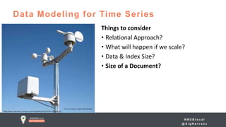 # M D B l o c a l
@ S i g N a r v a e z
Data Modeling for Time Series
http://www.switchdoc.com/wp-content/uploads/2015/01/41-tvY-gqZL.jpg
Things to consider
• Relational Approach?
• What will happen if we scale?
• Data & Index Size?
• Size of a Document?
 