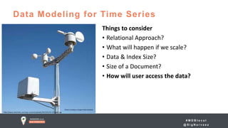 # M D B l o c a l
@ S i g N a r v a e z
Data Modeling for Time Series
http://www.switchdoc.com/wp-content/uploads/2015/01/41-tvY-gqZL.jpg
Things to consider
• Relational Approach?
• What will happen if we scale?
• Data & Index Size?
• Size of a Document?
• How will user access the data?
 