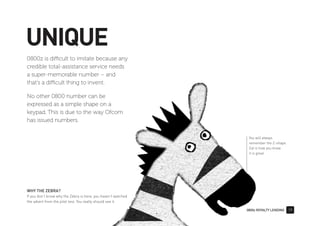 0800z ROYALTY LENDING 19
UNIQUE
0800z is difficult to imitate because any
credible total-assistance service needs
a super-memorable number – and
that’s a difficult thing to invent.
No other 0800 number can be
expressed as a simple shape on a
keypad. This is due to the way Ofcom
has issued numbers.
You will always
remember the Z-shape.
Zat is how you know
it is great.
WHY THE ZEBRA?
If you don’t know why the Zebra is here, you haven’t watched
the advert from the pilot test. You really should see it.
 