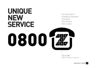 0800z ROYALTY LENDING 7
123-5-789
makes a Z-shape on a key-pad
UNIQUE
NEW
SERVICE
For every kind of
emergency assistance:
One policy.
One network.
One number.
 