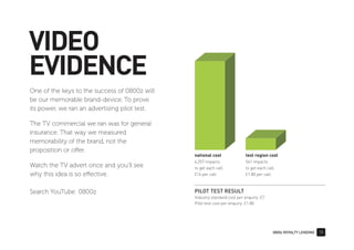 0800z ROYALTY LENDING 15
VIDEO
EVIDENCE
PILOT TEST RESULT
Industry standard cost per enquiry: £7
Pilot test cost per enquiry: £1.80
One of the keys to the success of 0800z will
be our memorable brand-device. To prove
its power, we ran an advertising pilot test.
The TV commercial we ran was for general
insurance. That way we measured
memorability of the brand, not the
proposition or offer.
Watch the TV advert once and you’ll see
why this idea is so effective.
Search YouTube: 0800z
national cost
4,257 impacts
to get each call.
£14 per call.
test region cost
561 impacts
to get each call.
£1.80 per call.
 