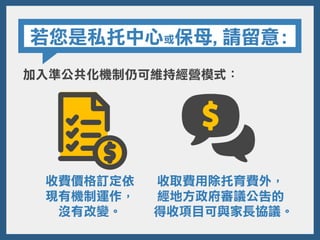 若您是私托中心或保母,請留意:
加入準公共化機制仍可維持經營模式：
收費價格訂定依
現有機制運作，
沒有改變。
收取費用除托育費外，
經地方政府審議公告的
得收項目可與家長協議。
 