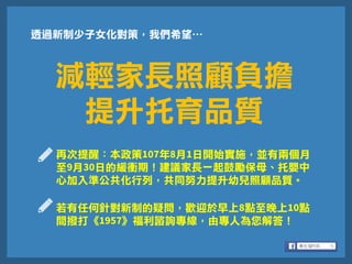 減輕家長照顧負擔
提升托育品質
透過新制少子女化對策，我們希望…
再次提醒：本政策107年8月1日開始實施，並有兩個月
至9月30日的緩衝期！建議家長一起鼓勵保母、托嬰中
心加入準公共化行列，共同努力提升幼兒照顧品質。
若有任何針對新制的疑問，歡迎於早上8點至晚上10點
間撥打《1957》福利諮詢專線，由專人為您解答！
 