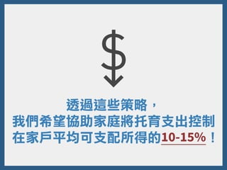 透過這些策略，
我們希望協助家庭將托育支出控制
在家戶平均可支配所得的10-15%！
 