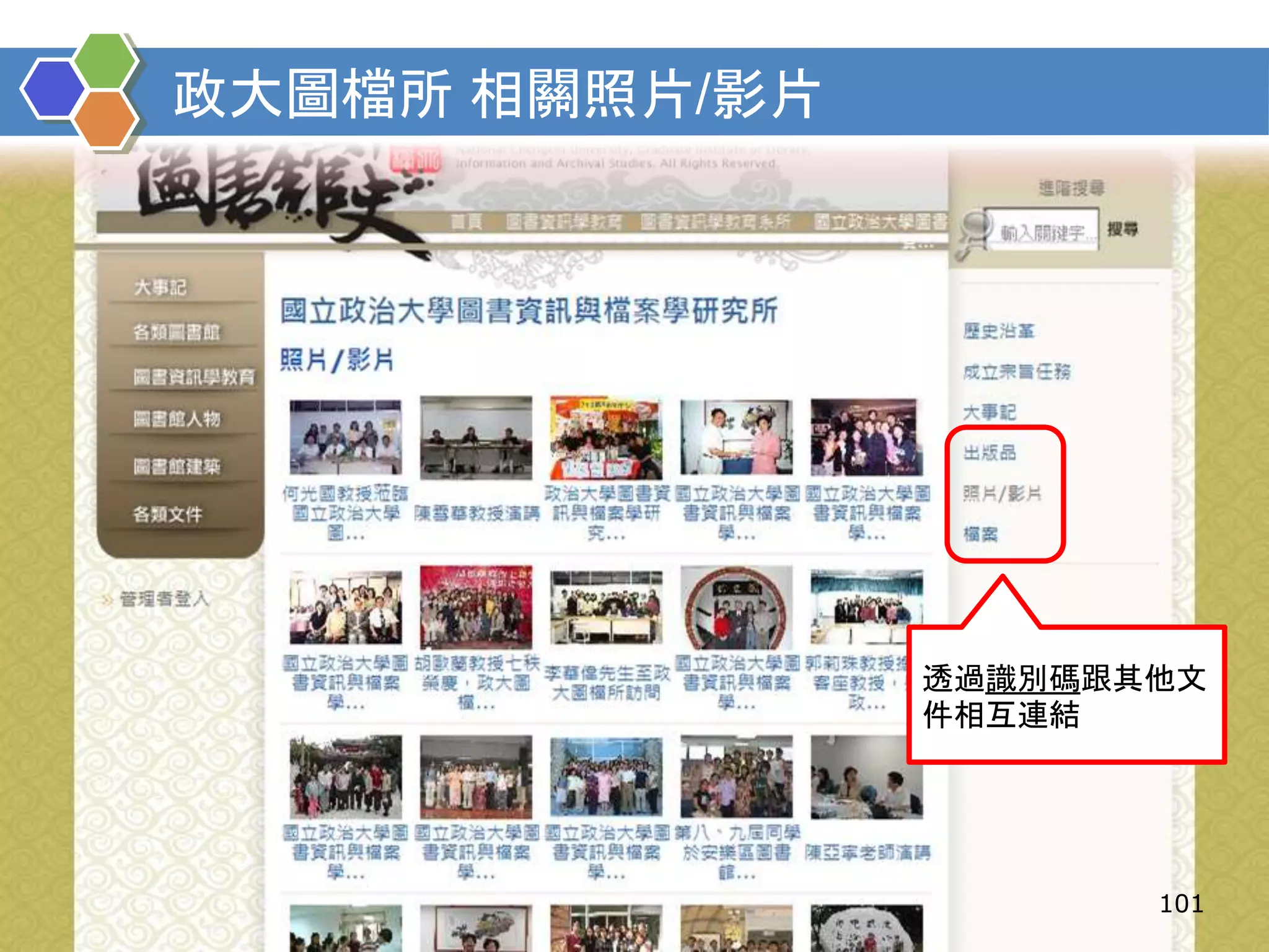 2011/5/27
101
政大圖檔所 相關照片/影片
101
透過識別碼跟其他文
件相互連結
 