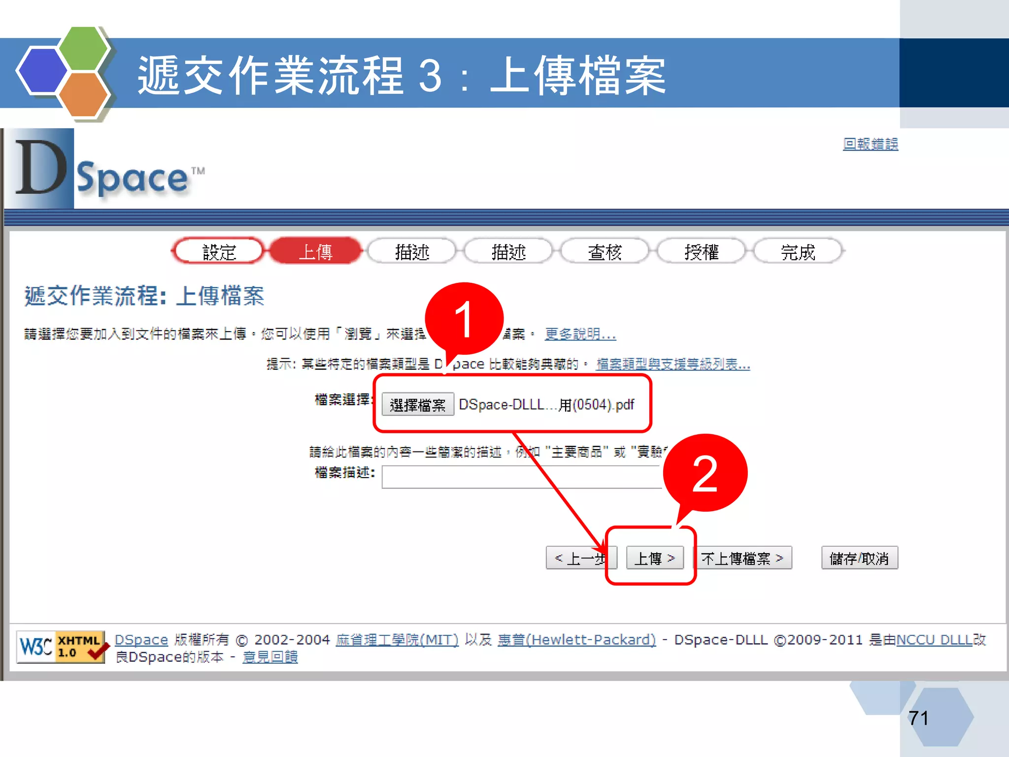 遞交作業流程 3：上傳檔案
71
1
2
 