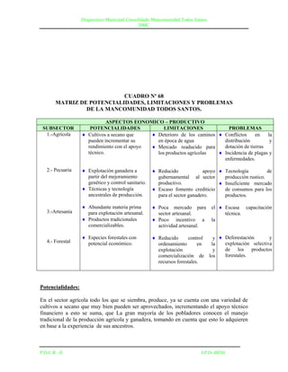 Diagnostico Municipal Consolidado Mancomunidad Todos Santos
                                               DMC




                           CUADRO Nº 68
       MATRIZ DE POTENCIALIDADES, LIMITACIONES Y PROBLEMAS
                DE LA MANCOMUNIDAD TODOS SANTOS.

                              ASPECTOS EONOMICO – PRODUCTIVO
 SUBSECTOR            POTENCIALIDADES              LIMITACIONES              PROBLEMAS
  1.-Agrícola       Cultivos a secano que     Deterioro de los caminos  Conflictos     en   la
                     pueden incrementar su      en época de agua           distribución         y
                     rendimiento con el apoyo  Mercado readucido para     dotación de tierras
                     técnico.                   los productos agrícolas   Incidencia de plagas y
                                                                           enfermedades.

   2.- Pecuaria     Explotación ganadera a           Reducido             apoyo  Tecnología          de
                     partir del mejoramiento           gubernamental al sector      producción rustico.
                     genético y control sanitario.     productivo.                 Insuficiente mercado
                    Técnicas y tecnología            Escaso fomento crediticio    de consumos para los
                     ancestrales de producción.        para el sector ganadero.     productos.

                    Abundante materia prima          Poca mercado para         el  Escasa capacitación
   3.-Artesanía      para explotación artesanal.       sector artesanal.              técnica.
                    Productos tradicionales          Poco incentivo a          la
                     comercializables.                 actividad artesanal.

                    Especies forestales con          Reducido       control      y  Deforestación       y
   4.- Forestal      potencial económico.                                              explotación selectiva
                                                       ordenamiento       en      la
                                                       explotación                 y   de los productos
                                                       comercialización de       los   forestales.
                                                       recursos forestales.



Potencialidades:

En el sector agrícola todo los que se siembra, produce, ya se cuenta con una variedad de
cultivos a secano que muy bien pueden ser aprovechados, incrementando el apoyo técnico
financiero a esto se suma, que La gran mayoría de los pobladores conocen el manejo
tradicional de la producción agrícola y ganadera, tomando en cuenta que esto lo adquieren
en base a la experiencia de sus ancestros.



P.D.C.R –II                                                                I.P.D- BENI
 