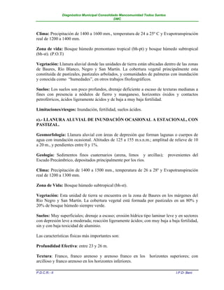 Diagnóstico Municipal Consolidado Mancomunidad Todos Santos
                                              DMC



Clima: Precipitación de 1400 a 1600 mm., temperatura de 24 a 25º C y Evapotranspiración
real de 1200 a 1400 mm.

Zona de vida: Bosque húmedo premontano tropical (bh-pt) y bosque húmedo subtropical
(bh-st). (P.O.T)

Vegetación: Llanura aluvial donde las unidades de tierra están ubicadas dentro de las zonas
de Baures, Río Blanco, Negro y San Martín. La cobertura vegetal principalmente esta
constituida de pastizales, pastizales arbolados, y comunidades de palmeras con inundación
y conocida como “humedades”, en otros trabajos fitofeográficos.

Suelos: Los suelos son poco profundos, drenaje deficiente a escaso de texturas medianas a
fines con presencia a nódulos de fierro y manganeso, horizontes óxidos y contactos
petroférricos, ácidos ligeramente ácidos y de baja a muy baja fertilidad.

Limitaciones/riesgos: Inundación, fertilidad, suelos ácidos.

e).- LLANURA ALUVIAL DE INUNDACIÓN OCASIONAL A ESTACIONAL, CON
PASTIZAL.

Geomorfología: Llanura aluvial con áreas de depresión que forman lagunas o cuerpos de
agua con inundación ocasional. Altitudes de 125 a 155 m.s.n.m.; amplitud de relieve de 10
a 20 m., y pendientes entre 0 y 1%.

Geología: Sedimentos finos cuaternarios (arena, limos y arcillas);           provenientes del
Escudo Precámbrico, depositados principalmente por los ríos.

Clima: Precipitación de 1400 a 1500 mm., temperatura de 26 a 28º y Evapotranspiración
real de 1200 a 1300 mm.

Zona de Vida: Bosque húmedo subtropical (bh-st).

Vegetación: Esta unidad de tierra se encuentra en la zona de Baures en los márgenes del
Río Negro y San Martín. La cobertura vegetal está formada por pastizales en un 80% y
20% de bosque húmedo siempre verde.

Suelos: Muy superficiales; drenaje a escaso; erosión hídrica tipo laminar leve y en sectores
con depresión leve a moderada; reacción ligeramente ácidos; con muy baja a baja fertilidad,
sin y con baja toxicidad de aluminio.

Las características físicas más importantes son:

Profundidad Efectiva: entre 23 y 26 m.

Textura: Franco, franco arenoso y arenoso franco en los         horizontes superiores; con
arcilloso y franco arenoso en los horizontes inferiores.

P.D.C.R.- II                                                                     I.P.D- Beni
 
