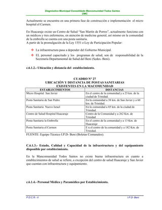 Diagnóstico Municipal Consolidado Mancomunidad Todos Santos
                                              DMC


Actualmente se encuentra en una primera fase de construcción e implementación el micro
hospital el Carmen.

En Huacaraje existe un Centro de Salud “San Martín de Porres”, actualmente funciona con
un médicos y tres enfermeras, en atención de medicina general, así mismo en la comunidad
de la embrolla se cuenta con una posta sanitaria.
A partir de la promulgación de la Ley 1551 o Ley de Participación Popular:

     La infraestructura pasa a depender del Gobierno Municipal.
     EL personal capacitado y los programas de salud, son de responsabilidad de la
      Secretaría Departamental de Salud del Beni (Sedes- Beni).

c.6.1.2.- Ubicación y distancia del establecimiento.


                               CUADRO N° 27
                UBICACIÓN Y DISTANCIA DE POSTAS SANITARIAS
                     EXISTENTES EN LA MACOMUNIDAD
          ESTABLECIMIENTOS                                       DISTANCIAS
Micro Hospital San Javier                      En el centro de la comunidad y a 23 km. de la
                                               ciudad de Trinidad.
Posta Sanitaria de San Pedro                   En la comunidad a 38 km. de San Javier y a 60
                                               km. de Trinidad.
Posta Sanitaria Nuevo Israel                   En la comunidad a 85 km. de la ciudad de
                                               Trinidad.
Centro de Salud Hospital Huacaraje             Centro de la Comunidad y a 262 Km. de
                                               Trinidad
Posta Sanitaria la Embrolla                    En el centro de la comunidad y a 13 Km. de
                                               Huacaraje
Posta Sanitaria el Carmen                      E n el centro de la comunidad y a 182 Km. de
                                               Trinidad.
FUENTE: Equipo Técnico I.P.D- Beni (Boletas Comunales).


C.6.1.3.- Estado, Calidad y Capacidad de la infraestructura y del equipamiento
disponible por establecimiento.

En la Mancomunidad Todos Santos no existe buena infraestructura en cuanto a
establecimientos de salud se refiere, a excepción del centro de salud Huacaraje y San Javier
que cuentan con infraestructura y equipamiento.




c.6.1.4.- Personal Médico y Paramédico por Establecimiento.



P.D.C.R.- II                                                                     I.P.D- Beni
 