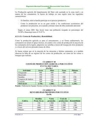 Diagnóstico Municipal Consolidado Mancomunidad Todos Santos
                                              DMC


La Producción agrícola del departamento del Beni está asentada en la zona rural y en
manos de los comunarios, la fuerza de trabajo en esta región tiene las siguientes
características:

     Es familiar, toda la familia participa en el proceso productivo.
     Como la producción no es en gran escala y las condiciones económicas del
      productor son precarias, no se puede contratar mano de obra asalariada adicional.

    Según el censo 2001 San Javier tiene una población ocupada en porcentajes del
    36.20%, Huacaraje tiene el 33.47 %.

d.2.1.13.- Costos de Producción y Rentabilidad.

Como la producción agrícola es para el autoconsumo, y en forma rudimentaria, los
comunarios no tienen el apoyo técnico, en cuanto a los costos de producción la mayoría de
los comunarios de la región, adquieren sus semillas a través del trueque de otros productos
o a través del servicio prestado (mano de obra).

Es bueno aclarar que en la mayoría de las encuestas y boletas comunales, se a podido
observar la falta de un registro de los costos de producción, así como de las ventas o
trueques que realizan.


                                  CUADRO Nº 40
             COSTO DE PRODUCCIÓN AGRICOLA POR CULTIVO
                               EN UNA HECTAREA
                                       (En Bs.)
         Actividad          Arroz           Maíz             Yuca        Plátano
   Chaqueado                  900            900              900          900
   Basureado                  150            150               -            -
   Siembra                    200            150              500          150
   Limpieza de maleza         200            100              300          100
   Cosecha                    300            200              500          100
   TOTALES                  1.750.-        1.500.-          2.200.-      1.250.-
Fuente: Elaboración Equipo Técnico en base a los datos Boletas comunales

                               CUADRO Nº 41
                    RENTABILIDAD PROMEDIO POR CULTIVO
                                   En Bs.

                          Rendim.            Venta          Costo de
          Cultivo        Prom. En @         promedio       producción        Rentabilidad
     Arroz                   190              1.900           1.750              150
     Maíz                    160              1600            1.500              100
     Yuca                   1800              5.400           2.200             3.200
     Plátano                1800              1800            1.250              550

P.D.C.R.- II                                                                     I.P.D- Beni
 