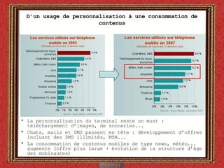 D’un usage de personnalisation à une consommation de contenus La personnalisation du terminal reste un must :  téléchargement d’images, de sonneries... Chats, mails et SMS passent en tête : développement d’offres incluant des SMS illimités, MSN... La consommation de contenus mobiles de type news, météo... augmente (offre plus large + évolution de la structure d’âge des mobinautes) 
