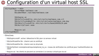Linux LPIC2 noelmace.com
Configuration d'un virtual host SSL
• Directives
 SSLEngine on/off : active / désactive le SSL pour ce serveur virtuel
 SSLCertificateFile file : chemin vers le certificat
 SSLCertificateFile file : chemin vers la clé privée
 SSLVerifyClient none/optional/require/optional_no_ca : niveau de vérification du certificat pour l'authentification du
client
 Require ssl : les clients ne peuvent se connecter à ce serveur virtuel que via ssl
<VirtualHost *:443>
ServerName noelmace.com
DocumentRoot /var/www/noelmace.com
SSLEngine on
SSLCertificateFile /etc/ssl/certs/noelmace.com.crt
SSLCertificateKeyFile /etc/ssl/private/noelmace.com.key
SSLCACertificateFile /etc/ssl/certs/GandiXXXSSLCA.pem
SSLVerifyClient none
Require ssl
</VirtualHost>
<VirtualHost *:443>
ServerName noelmace.com
DocumentRoot /var/www/noelmace.com
SSLEngine on
SSLCertificateFile /etc/ssl/certs/noelmace.com.crt
SSLCertificateKeyFile /etc/ssl/private/noelmace.com.key
SSLCACertificateFile /etc/ssl/certs/GandiXXXSSLCA.pem
SSLVerifyClient none
Require ssl
</VirtualHost>
 
