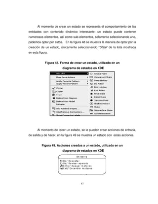 87
Al momento de crear un estado se representa el comportamiento de las
entidades con contenido dinámico interesante; un estado puede contener
numerosos elementos, así como sub-elementos, solamente seleccionando uno,
podemos optar por estos. En la figura 48 se muestra la manera de optar por la
creación de un estado, únicamente seleccionando “State” de la lista mostrada
en esta figura.
Figura 48. Forma de crear un estado, utilizado en un
diagrama de estados en XDE
Al momento de tener un estado, se le pueden crear acciones de entrada,
de salida y de hacer, en la figura 49 se muestra un estado con estas acciones.
Figura 49. Acciones creadas a un estado, utilizado en un
diagrama de estados en XDE
 