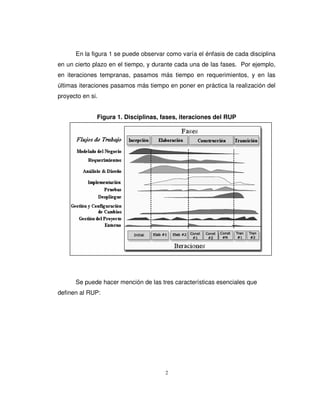 2
En la figura 1 se puede observar como varía el énfasis de cada disciplina
en un cierto plazo en el tiempo, y durante cada una de las fases. Por ejemplo,
en iteraciones tempranas, pasamos más tiempo en requerimientos, y en las
últimas iteraciones pasamos más tiempo en poner en práctica la realización del
proyecto en si.
Figura 1. Disciplinas, fases, iteraciones del RUP
Se puede hacer mención de las tres características esenciales que
definen al RUP:
 