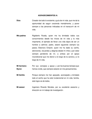 AGRADECIMIENTOS A:
Dios Creador de todo lo existente y guía de mi vida, que me da la
oportunidad de seguir creciendo mentalmente, y poner
siempre a las personas indicadas en el transcurrir de mi
vida.
Mis padres Rigoberto Rueda, quien me ha brindado todos sus
conocimientos desde los inicios de mi vida y lo más
importante, el ejemplo de llevar una vida digna de ser un
hombre a admirar; padre, estaré siguiendo siempre tus
pasos; Eleonora Chacón, quien me ha dado su cariño,
atenciones, recuerdos y alegrías desde mi niñez y por estar
siempre pendiente de mí, a ambos por el apoyo
incondicional que me dieron a lo largo de la carrera y a lo
largo de mi vida.
Mi hermano Por sus consejos y apoyo y por los buenos tiempos que
Byron hemos vivido, que siempre estarán en mis pensamientos.
Mi familia Porque siempre me han apoyado, aconsejado y brindado
todo el cariño que ha sido fundamental en mi vida; familia,
este logro es de todos.
Mi asesor Ingeniero Ricardo Morales, por su excelente asesoría y
dirección en mi trabajo de investigación.
 