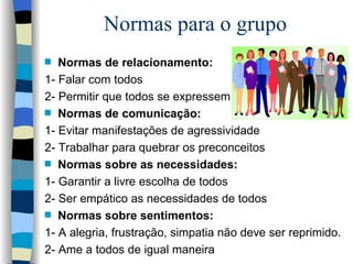 Normas para o grupo Normas de relacionamento: 1- Falar com todos 2- Permitir que todos se expressem Normas de comunicação: 1- Evitar manifestações de agressividade 2- Trabalhar para quebrar os preconceitos Normas sobre as necessidades: 1- Garantir a livre escolha de todos 2- Ser empático as necessidades de todos Normas sobre sentimentos: 1- A alegria, frustração, simpatia não deve ser reprimido. 2- Ame a todos de igual maneira 