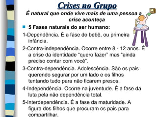 Crises no Grupo É natural que onde vive mais de uma pessoa a crise aconteça 5 Fases naturais do ser humano: 1-Dependência. É a fase do bebê, ou primeira infância. 2-Contra-independência. Ocorre entre 8 - 12 anos. É a crise da identidade “quero fazer” mas “ainda preciso contar com você”. 3-Contra-dependência. Adolescência. São os pais querendo segurar por um lado e os filhos tentando tudo para não ficarem presos. 4-Independência. Ocorre na juventude. É a fase da luta pela não dependência total. 5-Interdependência. É a fase da maturidade. A figura dos filhos que procuram os pais para compartilhar. 