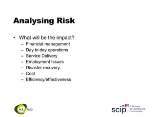 Analysing Risk What will be the impact? Financial management Day to day operations Service Delivery Employment Issues Disaster recovery Cost Efficiency/effectiveness 