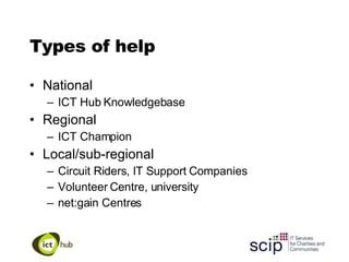 Types of help National ICT Hub Knowledgebase Regional ICT Champion Local/sub-regional Circuit Riders, IT Support Companies  Volunteer Centre, university net:gain Centres 