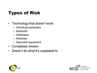 Types of Risk Technology that doesn’t work Individual computers Networks Databases Websites Specialist equipment Completely broken Doesn’t do what it’s supposed to 