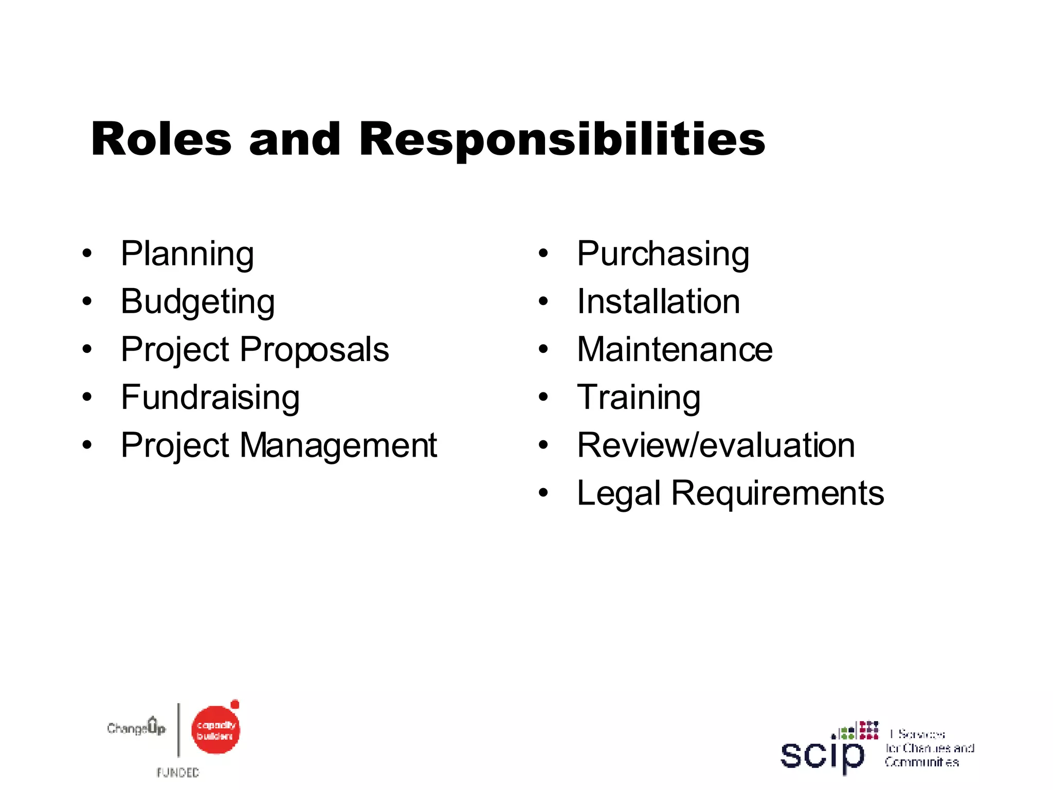Roles and Responsibilities Planning  Budgeting Project Proposals Fundraising Project Management Purchasing Installation  Maintenance Training Review/evaluation Legal Requirements 