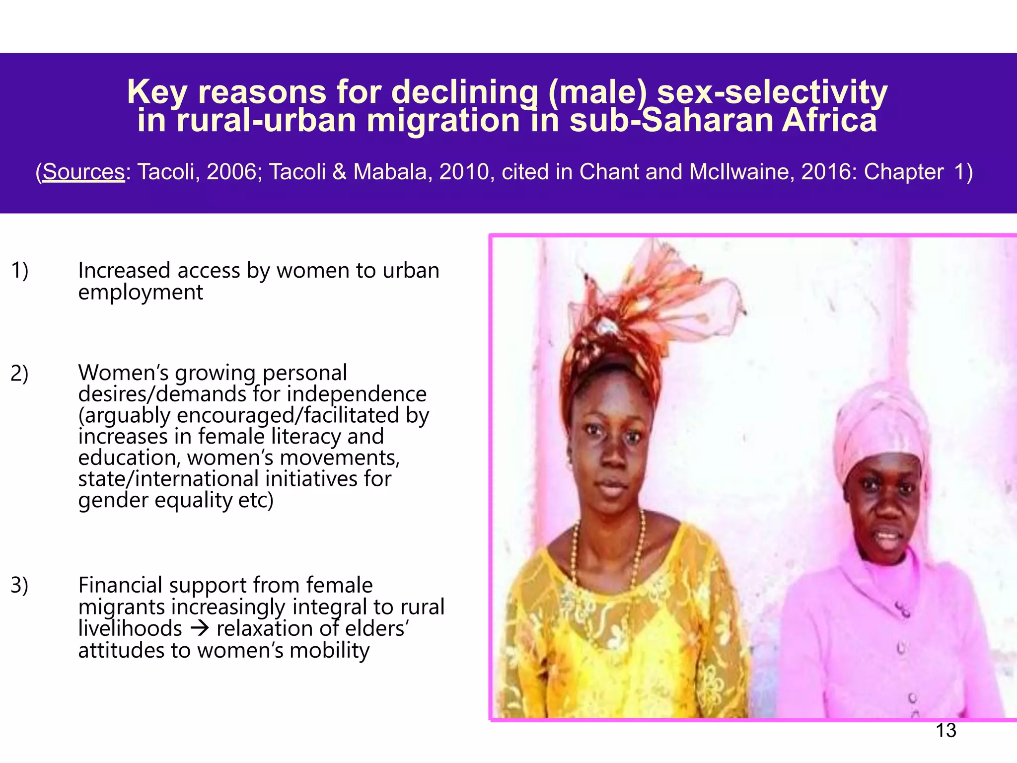 13
Key reasons for declining (male) sex-selectivity
in rural-urban migration in sub-Saharan Africa
(Sources: Tacoli, 2006; Tacoli & Mabala, 2010, cited in Chant and McIlwaine, 2016: Chapter 1)
1) Increased access by women to urban
employment
2) Women’s growing personal
desires/demands for independence
(arguably encouraged/facilitated by
increases in female literacy and
education, women’s movements,
state/international initiatives for
gender equality etc)
3) Financial support from female
migrants increasingly integral to rural
livelihoods  relaxation of elders’
attitudes to women’s mobility
 
