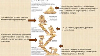 1°- Los brahmines, sacerdotes e intelectuales,
encargados de transmitir la doctrina religiosa y los
ritos. Mantienen hoy en gran parte su enorme
autoridad de siempre
2a- Los ksátriyas, nobles y guerreros,
detentadores del poder temporal.
3a- Los vaishyas, agricultores, ganaderos
y comerciantes.
4a- Los súdras, menestrales y servidores.
Su participación en la sociedad hindú es
sólo indirecta, por su relación con las
otras castas.
Los súdras conversos al cristianismo se
denominan dalits (oprimidos) y constituyen el
50% de los cristianos de India
 