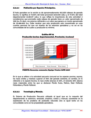 Plan de Desarrollo Municipal de Santa Ana – Yacuma - Beni

d.2.2.1      Población por Especies Principales.

El hato ganadero en la sección es de aproximadamente 462.509 cabezas de ganado
bovino, lo significa el 73.06% del total provincial (633.030 cab.) y el 17.92% del total
departamental (2.581.317 cab.), lo que refleja la importancia de esta actividad si
consideramos que promedio cada cabeza de ganado tiene un valor aproximado de
200 $us. Es decir, nos estamos refiriendo a un rubro que genera un monto aproximado
de 20.484.400 $us. Cabe recalcar que esta producción esta concentrada en unas
cuantas personas las que son dueñas de las estancias ganaderas y no así en las
comunidades de las cuales su producción es mínima.


                               Gráfico Nº 16
           Producción bovina departamental, Provincial, Seccional



              3.000.000,00




                                                                        Cab. (Provincial);
                                                Cab. (Seccional);




                                                                          250.000,00
              2.500.000,00




                                                                                             (Dptal.), 2.581.317,00
                                                   96.620,00
              2.000.000,00
              1.500.000,00




                                                                                                      Cab.
              1.000.000,00
                500.000,00
                      0,00
                                                                    1

                             Cab. (Seccional)           Cab. (Provincial)                    Cab. (Dptal.)


           FUENTE: Encuestas comunales Equipo Técnico I&PR 2007


En lo que se refiere a la actividad pecuaria comunal en las especies porcina, equina,
las razas criollas y mestizas superan el 90% del ganado existente, en cambio, en lo
referente a la especie bovina, la raza criolla alcanza el 60%, el restante 40% abarca
razas mejoradas entre las que se destacan Pardo Suizo, Nelore, Geer Holland,
Holandesa y Pardo Holland.


d.2.2.2      Tecnología y Manejo.

Es Sistema de Producción Pecuario utilizado al igual que en la mayoría del
departamento es extensivo, atrasado, empírico, rústico y manual, consistente en la
explotación de las praderas de pastizales naturales esto es igual tanto en las
comunidades como en las propiedades ganaderas.



          Diagnóstico Municipal Consolidado – Elaborado por “ONG I&PR”                                                102
 