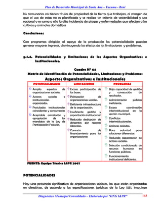 Plan de Desarrollo Municipal de Santa Ana – Yacuma - Beni

los comunarios no tienen títulos de propiedad de la tierra que trabajan, al margen de
que el uso de estas no es planificado y se realiza sin criterio de sostenibilidad y uso
racional y se suma a ello la alta incidencia de plagas y enfermedades que afectan a los
cultivos y animales domésticos

Conclusiones

Con programas dirigidos al apoyo de la producción las potencialidades pueden
generar mayores ingresos, disminuyendo los efectos de las limitaciones y problemas.


g.1.4. Potencialidades y limitaciones de los Aspectos Organizativos e
       Institucionales.

                                Cuadro N° 64
   Matriz de Identificación de Potencialidades, Limitaciones y Problemas
                 Aspectos Organizativos e Institucionales
       POTENCIALIDADES                     LIMITACIONES                        PROBLEMAS
    Amplio      espectro      de      Escasa   participación de        Baja capacidad de gestión
      organizaciones sociales.          las bases.                         y      consecución          de
    Actores        sociales     e     Politización               de      resultados.
      institucionales                   organizaciones sociales.         Administración           pública
      organizados.                     Deficiente infraestructura         ineficiente.
    Postulados     institucionales     de la organización.              Escasa           coordinación
      coincidentes y concurrentes      Insuficiente  gestión y            interinstitucional en la
    Aceptable    asimilación y         capacitación institucional         sección municipal.
      apropiación     de     los       Reducida   dedicación de         Conflictos
      mandatos de la Ley de             dirigentes por razones             interinstitucionales.
      Participación Popular.            laborales.                       Acciones aisladas.
                                       Carencia            de           Poca voluntad              para
                                        financiamiento para las            solucionar diferencias
                                        organizaciones                   Reducida    capacitación de
                                                                           actores sociales.
                                                                         Selección  condicionada de
                                                                           recursos   humanos     en
                                                                           funciones públicas.
                                                                         Funcionamiento
                                                                           institucional deficiente.
  FUENTE: Equipo Técnico I&PR 2007


POTENCIALIDADES

Hay una presencia significativa de organizaciones sociales, las que están organizadas
en directivas, de acuerdo a las especificaciones jurídicas de la Ley 1551, impulsan

           Diagnóstico Municipal Consolidado – Elaborado por “ONG I&PR”                                      143
 
