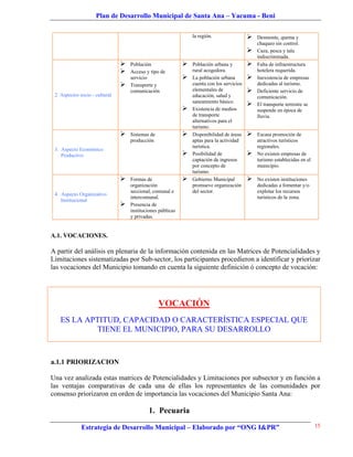 Plan de Desarrollo Municipal de Santa Ana – Yacuma - Beni

                                                                 la región.                    Desmonte, quema y
                                                                                                chaqueo sin control.
                                                                                               Caza, pesca y tala
                                                                                                indiscriminada.
                                   Población                   Población urbana y            Falta de infraestructura
                                   Acceso y tipo de             rural acogedora.               hotelera requerida.
                                    servicio                    La población urbana           Inexistencia de empresas
                                   Transporte y                 cuenta con los servicios       dedicadas al turismo.
                                    comunicación                 elementales de                Deficiente servicio de
 2. Aspectos socio - cultural                                    educación, salud y             comunicación.
                                                                 saneamiento básico.
                                                                                               El transporte terrestre se
                                                                Existencia de medios           suspende en época de
                                                                 de transporte                  lluvia.
                                                                 alternativos para el
                                                                 turismo.
                                   Sistemas de                 Disponibilidad de áreas       Escasa promoción de
                                    producción                   aptas para la actividad        atractivos turísticos
                                                                 turística.                     regionales.
 3. Aspecto Económico
    Productivo                                                  Posibilidad de                No existen empresas de
                                                                 captación de ingresos          turismo establecidas en el
                                                                 por concepto de                municipio.
                                                                 turismo.
                                   Formas de                   Gobierno Municipal            No existen instituciones
                                    organización                 promueve organización          dedicadas a fomentar y/o
                                    seccional, comunal e         del sector.                    explotar los recursos
 4. Aspecto Organizativo
                                    intercomunal.                                               turísticos de la zona.
    Institucional
                                   Presencia de
                                    instituciones públicas
                                    y privadas.


A.1. VOCACIONES.

A partir del análisis en plenaria de la información contenida en las Matrices de Potencialidades y
Limitaciones sistematizadas por Sub-sector, los participantes procedieron a identificar y priorizar
las vocaciones del Municipio tomando en cuenta la siguiente definición ó concepto de vocación:




                                                  VOCACIÓN
   ES LA APTITUD, CAPACIDAD O CARACTERÍSTICA ESPECIAL QUE
            TIENE EL MUNICIPIO, PARA SU DESARROLLO



a.1.1 PRIORIZACION

Una vez analizada estas matrices de Potencialidades y Limitaciones por subsector y en función a
las ventajas comparativas de cada una de ellas los representantes de las comunidades por
consenso priorizaron en orden de importancia las vocaciones del Municipio Santa Ana:

                                             1. Pecuaria

              Estrategia de Desarrollo Municipal – Elaborado por “ONG I&PR”                                                  15
 