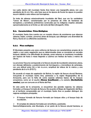 Plan de Desarrollo Municipal de Santa Ana – Yacuma - Beni


Los suelos dentro del municipio Santa Ana tienen una topografía plana, con una
pendiente de 25 cm./ Km., esto hace que en las épocas de lluvias las aguas no puedan
escurrir debido a este relieve casi homogéneo.

Se trata de sabanas estacionalmente inundadas del Beni, que son los verdaderos
“Llanos de Moxos”, caracterizadas por la presencia de miles de hectáreas de
terraplenes y camellones prehistóricos construidos por los indígenas mojeños ubicados
aproximadamente en el límite sur del norte del Beni (Anagarth, 1993).


B.2. Características Físico Biológicas
El municipio Santa Ana cuenta con un mosaico diverso de ecosistemas que abarcan
sabanas, bajíos, curiches, yomomos, áreas de bosques; que albergan una diversidad de
flora y fauna en sus diferentes ecosistemas.


b.2.1. Pisos ecológicos

El Municipio presenta una zona uniforme de llanuras con características propias de la
región y una vasta vegetación que en determinadas áreas se convierten en cerrados
bosques; debido a las dificultades de drenaje, zonas extensas se mantienen inundadas
por espacio de hasta 5 meses llegando a cubrirse con hierbas de hasta 2 metros de
altura.

La provincia Yacuma corresponde a la llanura aluvial de inundación estacional, plana,
con drenaje deficiente y predominancia de hormigueros y microrelieve de sartenejas,
con una altitud entre 124 a 144 m.s.n.m.; amplitud de relieve de 16 metros y una
pendiente de 0 a 1% (P.O.T.).

De acuerdo al mapa de vegetación de Bolivia, la región de llanura aluvial Beniana,
incluyendo el municipio Santa Ana, pertenece a la región fitogeográfica de la
Amazonía, pero con la falta de varias especies arbóreas típicas de los bosques
amazónicos, como ser el caucho (Hevea brasiliensis) y la castaña (Bertholletia
excelsa), que son comunes en el Norte del País.

En esta parte de la amazonia, se encuentran dos grandes regiones; las sabanas
húmedas y el bosque húmedo de llanura. De acuerdo al Mapa de Vegetación del Beni,
en el territorio comprendido por el municipio Santa Ana se pueden distinguir dos
regiones ecológicas principales:

   El bosque húmedo de llanuras formado por bosques altos y el bosque bajo de
    inundación.

 El complejo de sabanas formadas por arrocillares y pastizales.
Geomorfológicamente, este Municipio, al ser parte de la llanura aluvial beniana, se

          Diagnóstico Municipal Consolidado – Elaborado por “ONG I&PR”            18
 