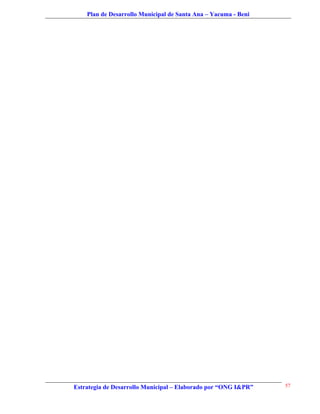 Plan de Desarrollo Municipal de Santa Ana – Yacuma - Beni




Estrategia de Desarrollo Municipal – Elaborado por “ONG I&PR”   57
 