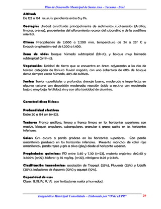 Plan de Desarrollo Municipal de Santa Ana – Yacuma - Beni

Altitud:
De 123 a 194 m.s.n.m. pendiente entre 0 y 1%.

Geología: Unidad constituida principalmente de sedimentos cuaternarios (Arcillas,
limosos, arenas), provenientes del afloramiento rocosos del subandino y de la cordillera
oriental.

Clima: Precipitación de 2.000 a 2.200 mm, temperatura de 24 a 26° C y
Evapotranspiración real de 1.200 a 1.400.

Zona de vida: bosque húmedo subtropical (bh-st), y bosque muy húmedo
subtropical (bmh-st).

Vegetación: Unidad de tierra que se encuentra en áreas adyacentes a los ríos de
tercera categoría de llanura fluvial angosta, con una cobertura de 60% de bosque
denso siempre verde húmedo, 40% de cultivos.

Suelos: Suelos superficiales a profundos; drenaje bueno, moderado e imperfecto; en
algunos sectores con deposición moderada; reacción ácido a neutro; con moderada
baja a muy baja fertilidad; sin y con alta toxicidad de aluminio.


Características físicas:

Profundidad efectiva:
Entre 20 a 184 cm (n=32).

Textura: Franco arcilloso, limoso y franco limoso en los horizontes superiores; con
masivo, bloques angulares, subangulares, granular 6 grano suelto en los horizontes
inferiores.

Color: Gris oscuro a pardo grisáceo en los horizontes superiores. Con pardo
amarillento parduzco en los horizontes inferiores. Presenta manchas de color rojo
amarillentos, pardo rojizo y gris a olivo (gley) desde el horizonte superior.

Propiedades químicas: PD entre 5.40 y 7.30 (n=23), materia orgánica de0.40 y
3.600% (n=22), fósforo 1 y 35 mg/kg. (n=22), nitrógeno 0.05 y 0.24%.

Clasificación taxonómica: asociación de Tropept (35%), Fluvents (25%) y Udalfs
(20%), inclusiones de Aquents (10%) y aquept (10%).

Capacidad de uso:
Clases II, III, IV, V, VI, con limitaciones suelos y humedad.



           Diagnóstico Municipal Consolidado – Elaborado por “ONG I&PR”              29
 