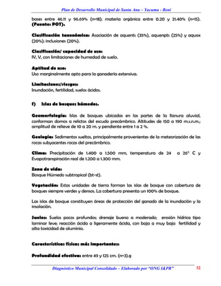 Plan de Desarrollo Municipal de Santa Ana – Yacuma - Beni

bases entre 46.11 y 96.69% (n=18); materia orgánica entre 0.20 y 21.40% (n=15).
(Fuente: POT).

Clasificación taxonómica: Asociación de aquents (35%), aquenpts (25%) y aquox
(20%); inclusiones (20%).

Clasificación/ capacidad de uso:
IV, V, con limitaciones de humedad de suelo.

Aptitud de uso:
Uso marginalmente apto para la ganadería extensiva.

Limitaciones/riesgos:
Inundación, fertilidad, suelos ácidos.

f)   Islas de bosques húmedos.

Geomorfología: Islas de bosques ubicadas en las partes de la llanura aluvial,
conforman domos a relictos del escudo precámbrico. Altitudes de 150 a 190 m.s.n.m.;
amplitud de relieve de 10 a 20 m. y pendiente entre 1 a 2 %.

Geología: Sedimentos sueltos, principalmente provenientes de la meteorización de las
rocas subyacentes rocas del precámbrico.

Clima: Precipitación de 1.400 a 1.500 mm, temperatura de 24                 a 26° C y
Evapotranspiración real de 1.200 a 1.300 mm.

Zona de vida:
Bosque Húmedo subtropical (bt-st).

Vegetación: Estas unidades de tierra forman las islas de bosque con cobertura de
bosques siempre verdes y densos. La cobertura presenta un 100% de bosque.

Las islas de bosque constituyen áreas de protección del ganado de la inundación y la
insolación.

Suelos: Suelos pocos profundos; drenaje bueno a moderado; erosión hídrica tipo
laminar leve; reacción ácida a ligeramente ácida, con baja a muy baja fertilidad y
alta toxicidad de aluminio.


Características físicas más importantes:

Profundidad efectiva: entre 49 y 125 cm. (n=3).g

           Diagnóstico Municipal Consolidado – Elaborado por “ONG I&PR”            32
 