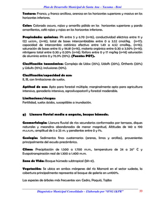 Plan de Desarrollo Municipal de Santa Ana – Yacuma - Beni

Textura: Franco, y franco arcilloso, arenoso en los horizontes superiores y masivo en los
horizontes inferiores.

Color: Colorado oscuro, rojizo y amarillo pálido en los horizontes superiores y pardo
amarillentos, café rojizo y rojizo en los horizontes inferiores.

Propiedades químicas: Ph entre 5 y 6.70 (n=16), conductividad eléctrica entre 11 y
122 us/cm., (n=16), total de bases intercambiables entre 0 a 3.52 cmol/kg, (n=17);
capacidad de intercambio catiónico efectivo entre 1.49 a 4.52 cmolkg., (n=16);
saturación de bases entre 15 y 96.81 (n=16), materia orgánica entre 0.30 a 3.50% (n=14);
nitrógeno total entre 0.30 y 0.20% (n=14); fósforo entre 0 y 17 mg/kg (n=14) saturación
de aluminio entre 0 y 76.9% (10%). (Fuente: POT).

Clasificación taxonómica: Complejo de Udox (35%), Udalfs (20%), Orthents (20%)
y Udults (15%); inclusiones (10%).

Clasificación/capacidad de uso:
II, III, con limitaciones de suelos.

Aptitud de uso: Apto para forestal múltiple; marginalmente apto para agricultura
intensiva, ganadería intensiva, agrosilvopastoril y forestal maderable.

Limitaciones/riesgos:
Fertilidad, suelos ácidos, susceptibles a inundación.


g)   Llanura fluvial media a angosta, bosque húmedo.

Geomorfología: Llanura fluvial de ríos secundarios conformados por terrazas, diques
naturales y meandros abandonados de menor magnitud, Altitudes de 140 a 190
m.s.n.m.; amplitud de 5 a 25 m. y pendientes entre 0 y 1%.

Geología: Sedimentos finos cuaternarios (arenas, limos y arcillas), provenientes
principalmente del escudo precámbrico.

Clima: Precipitación de 1.500 a 1.700 m.m., temperatura de 24 a 26° C y
Evapotranspiración real de 1.300 a 1.400 m.m.

Zona de Vida: Bosque húmedo subtropical (bh-st).

Vegetación: Se ubica en ambos márgenes del río Mamoré en el sector sudeste, la
cobertura principalmente representa al bosque de galería en un100%.

Las especies de árboles más frecuentes son: Cedro, Paquió, Tajibo


           Diagnóstico Municipal Consolidado – Elaborado por “ONG I&PR”               33
 