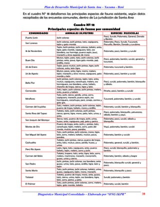 Plan de Desarrollo Municipal de Santa Ana – Yacuma - Beni

En el cuadro N° 18 detallamos las principales especias de fauna existente, según datos
recopilados de las encuestas comunales, dentro de La jurisdicción de Santa Ana

                                        Cuadro Nº 18
                        Principales especies de fauna por comunidad
    COMUNIDADES                       ANIMALES SILVESTRES                                ESPECIES PISCICOLAS
                                                                                  Pacú, Surubí, Palometa, General, Dorado
 Puerto Junín                Jochi colorao
                                                                                  y Bentón
                             Jochi colorao, jochi pintao, tatú, capiguara,        Palometa, Pacú, Surubí, Tucunaré,
 San Lorenzo
                             tejón y gato montés                                  Pacusillo, Bentón, Dorado y curubina.
                             Tejón, Jochi pintao, jochi colorao, taitetú, anta,
                             tigre, gato montés, capiguara, león, oso
 18 de Noviembre                                                                  Palometa, pacú, bentón, y surubí
                             bandera, oso hormiga, puerco espín, jauci,
                             manechi y otras especies de mono
                             Mutún, tejón, pato, tatú, jochi colorao, jochi
                                                                                  Pacú, palometa, bentón, surubí, general y
 Buen Día                    pintao, anta, pava, tigre gato montés, peji,
                                                                                  tucunaré.
                             ardilla, mono
                             Tejón, pava mutún, jochi pintao, tigre, jochi
 20 de Enero                                                                      Palometa, tucunaré y bentón.
                             colorao, anta, león tigre.
                             Mutún, pava, anta, tigre, morro, melero,
 24 de Agosto                tejón, manechi y otros monos, capiguara, gato        Palometa, pacú, bentón y surubí
                             montés y león
                             Jochí pintao, jochí colorao, tejón, tatú, anta,
                             mutún, capiguara, carachupa, melero, oso             Pacú, surubí, palometa, bentón, blanquillo
 Bella Flor
                             hormiguero, oso bandera, urina, taitetú,             y sábalo.
                             chancho de tropa, ciervo, tigre y león.
                             Tatú, tejón, jochi colorao, jochi pintao, melero,
 Carnavales                                                                       Piraña, pacú, bentón, y surubí
                             anta, puerco y taitetú
                             Tatú, jochi, ciervo, perdíz, urina, zorro,
                             capiguara, manechi, puerco espín, oso
 Miraflores                                                                       Tucunaré, palometa, bentón, y surubí.
                             hormiguero, carachupa, peni, conejo, zorrino y
                             gato gris.
                             Tatú, melero, jochi pintao, jochi colorao, tejón,
 Carmen del Iruyañez                                                              Palometa, surubí, bentón y blanquillo.
                             puerco de tropa, taitetú, mono y ardilla.
                             Taitetú, tatú, jochi colorao, jochi pintao,
                                                                                  Pacú, palometa, blanquillo, yatuarana,
 Santa Rosa del Tapao        ciervo, gama, tigre, mono, peta, león, urina, y
                                                                                  sábalo, bentón y yayú.
                             anta.
                             Siervo, tatú, puerco de tropa, jochi, urina,         Palometa, pacú, surubí, sábalo y
 San Joaquín del Maniqui
                             huaso, anta, capiguara, peji, peta y perico.         blanquillo.
                             Puerco de tropa, anta, jochi y pintao, tatú,
 Montes de Oro               carachupa, tejón, melero, zorro, pato del            Yayú, palometa, bentón, surubí
                             monte, mutún, pava, paraba.
                             Tatú, jochi pintao, jochi colorao, mono, tigre,
 San Miguel del Apere        león, zorro, melero, taitetú, mutún, pava,           Palometa, bentón y surubí
                             paraba.
                             Taitetú, jochi pintao, ciervo, puerco de tropa,
 Cachuelita                  anta, tatú, mutun, pavo, perdíz, huaso, y            Palometa, general, surubí, y bentón.
                             urina.
                             León, tigre, tatú, capiguara, anta, puerco           Pacú, surubí, blanquillo, palometa y
 Perú Río Apere
                             taitetú, tejón, melero, zorro y jochi.               bentón.
                             Taitetú, tropero, tatú, anta, tigre, león, zorro,
 Carmen del Mato             melero, marimono, manechi, monomichi,                Palometa, bentón, sábalo y bagre
                             guaso, urina y ciervo.
                             Jochi, pintao, jochi colorao, oso bandera, anta
                                                                                  Palometa, blanquillo surubí, general y
 San Pedro                   guaso, urina, tatú, pava, ardilla, tigre, león y
                                                                                  pacú.
                             tejón
                             Tatú, jochi pintao, jochi colorao, taitetú, urina,
 Santa María                                                                      Palometa, blanquillo y pacú
                             guaso, capiguara, tejón, mono, manechi.
                             Taitetú, puerco de tropa, mono, anta, guaso,
 Totaizal                    tatú, ciervo, urina, tejón, oso bandera, tigre,      Surubí, palometa y bentón
                             león, zorro, perico, y peta.
                             Tatú, jochi pintao, jochi colorao, zorro, melero,
 El Palmar                                                                        Palometa, surubí, bentón
                             tejón, gato montés, taitetú.


                Diagnóstico Municipal Consolidado – Elaborado por “ONG I&PR”                                               38
 