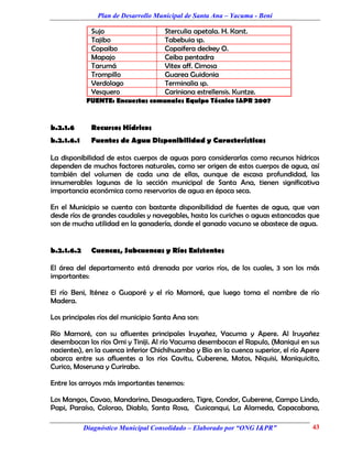 Plan de Desarrollo Municipal de Santa Ana – Yacuma - Beni

              Sujo                   Sterculia apetala. H. Karst.
              Tajibo                 Tabebuia sp.
              Copaibo                Copaifera deckey O.
              Mapajo                 Ceiba pentadra
              Tarumá                 Vitex aff. Cimosa
              Trompillo              Guarea Guidonia
              Verdolago              Terminalia sp.
              Yesquero               Cariniana estrellensis. Kuntze.
            FUENTE: Encuestas comunales Equipo Técnico I&PR 2007


b.2.1.6       Recursos Hídricos
b.2.1.6.1     Fuentes de Agua Disponibilidad y Características

La disponibilidad de estos cuerpos de aguas para considerarlas como recursos hídricos
dependen de muchos factores naturales, como ser origen de estos cuerpos de agua, así
también del volumen de cada una de ellas, aunque de escasa profundidad, las
innumerables lagunas de la sección municipal de Santa Ana, tienen significativa
importancia económica como reservorios de agua en época seca.

En el Municipio se cuenta con bastante disponibilidad de fuentes de agua, que van
desde ríos de grandes caudales y navegables, hasta los curiches o aguas estancadas que
son de mucha utilidad en la ganadería, donde el ganado vacuno se abastece de agua.


b.2.1.6.2     Cuencas, Subcuencas y Ríos Existentes

El área del departamento está drenada por varios ríos, de los cuales, 3 son los más
importantes:

El río Beni, Iténez o Guaporé y el río Mamoré, que luego toma el nombre de río
Madera.

Los principales ríos del municipio Santa Ana son:

Río Mamoré, con su afluentes principales Iruyañez, Yacuma y Apere. Al Iruyañez
desembocan los ríos Omi y Tiniji. Al río Yacuma desembocan el Rapulo, (Maniqui en sus
nacientes), en la cuenca inferior Chichihuambo y Bio en la cuenca superior, el río Apere
abarca entre sus afluentes a los ríos Cavitu, Cuberene, Matos, Niquisi, Maniquicito,
Curico, Moseruna y Curirabo.

Entre los arroyos más importantes tenemos:

Los Mangos, Cavao, Mandarino, Desaguadero, Tigre, Condor, Cuberene, Campo Lindo,
Papi, Paraíso, Colorao, Diablo, Santa Rosa, Cusicanqui, La Alameda, Copacabana,

            Diagnóstico Municipal Consolidado – Elaborado por “ONG I&PR”             43
 