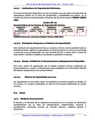 Plan de Desarrollo Municipal de Santa Ana – Yacuma - Beni

c.5.2.1    Instituciones de Capacitación Existentes.

Al concluir el presente diagnostico se pudo comprobar que solo existe una institución de
capacitación técnica en la rama de secretariado y contabilidad con énfasis en el
manejo de sistemas computarizados: el Instituto de Comercio Superior INCOS-SANTA
ANA.
                                     Cuadro Nº. 30
Características de los Centros de Capacitación Técnica
   NUMERO DEL                 TIPO DE          NUMERO DE          COSTO DE       APOYO EN
     CENTRO               CAPACITACION        CAPACITADOS      CAPACITACION       MATERIAL
 DE CAPACITACION         Bachiller  Técnica    H       M      Gratis   Pagado    Sí     No
IBA – Santa. María                    X       100     126       X                X
Micaela
FUENTE: Encuestas comunales Equipo Técnico I&PR 2007


c.5.2.2. Principales Programas y Prácticas de Capacitación

Esta institución de capacitación brinda sus servicios en forma normal paralelamente al
calendario escolar vigente en cada gestión en horario nocturno, el mismo que se brinda
a través de cursos programados con una duración de dos a cuatro años a través de
clases teórico- prácticas, dirigidas a estudiantes y población en general.


c.5.2.3. Estado, Calidad de la Infraestructura y Equipamiento Disponible.

Este único centro de capacitación de la ciudad, presenta mínima condiciones de
funcionamiento en cuanto a infraestructura (de propiedad de la Honorable Alcaldía
Municipal), equipamiento y de servicios básicos.


c.5.2.4.       Número de Capacitados por Sexo

Los capacitados en este centro según las estadísticas de anterior gestión se dividen en
33 varones y 77 mujeres totalizando un total de 110 personas distribuidas en ambas
carreras.


C.6. Salud.

c.6.1.    Medicina Convencional.
El Servicio y la atención de la medicina convencional en el municipio son deficientes
principalmente por la falta de infraestructura, medicamentos, personal y
equipamiento, prestando servicios de consulta externas, medicina general y
preventiva.


            Diagnóstico Municipal Consolidado – Elaborado por “ONG I&PR”                     69
 